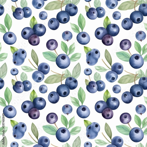 Seamless pattern with many blueberries on white background in watercolor style. Generative AI.