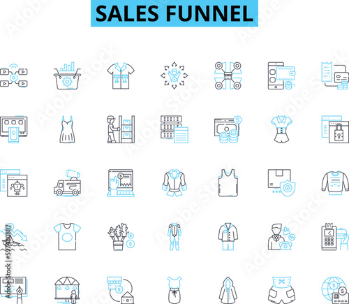 Sales funnel linear icons set. Leads, Conversion, Awareness, Engagement, Retargeting, Upsell, Cross-sell line vector and concept signs. Funnel,Pipeline,CTA outline illustrations