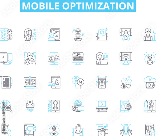 Mobile optimization linear icons set. Responsiveness, Compatibility, Adaptability, Streamlining, Efficiency, Accessibility, User-friendliness line vector and concept signs. Integration,Optimization