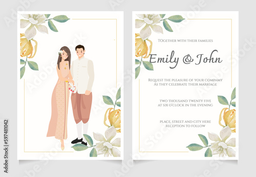 cute young thai wedding couple in traditional dress wedding invitation card template