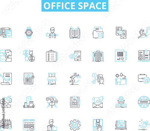 Office space linear icons set. Cubicles, Desks, Meeting, Collaborative, Office, Furniture, Workstation line vector and concept signs. Efficiency,Productivity,Communication outline illustrations