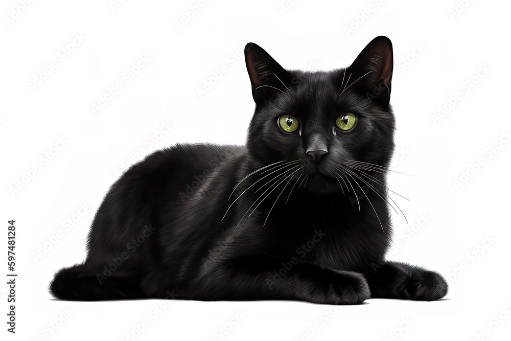 Image of attractive black cat sitting on white background. Pet. Animals. Illustration, generative AI.