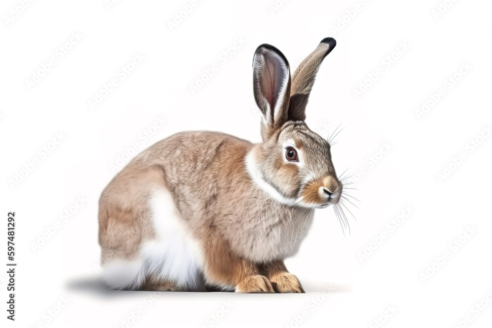 Image of a rabbit sitting on white background. Pet. Animals. Illustration, generative AI.