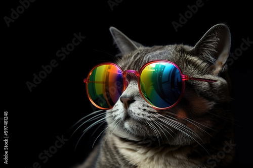 Cat wearing colorful sunglasses on black background. Pet. illustration, generative AI.