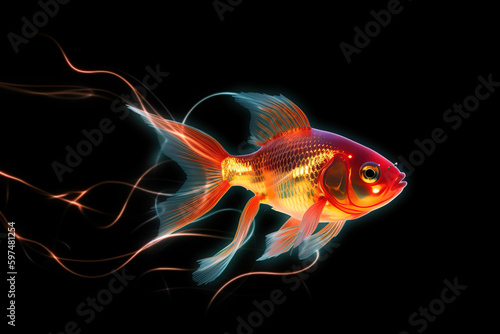 Image of goldfish with beautiful colors and light. on a dark background. Pet. Fishs. Animals. Illustration, generative AI.