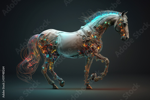 Image of a horse with technology concept. Wildlife Animals. Illustration  generative AI.