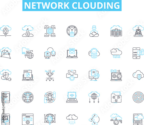 Network clouding linear icons set. Virtualization, Scalability, Elasticity, Automation, Provisioning, Orchestration, Multi-tenancy line vector and concept signs. APIs,Integration,Agility outline
