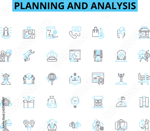 Planning and analysis linear icons set. Strategy, Forecasting, Optimization, Research, Assessment, Evaluation, Brainstorming line vector and concept signs. Implementation,Resource allocation,Decision