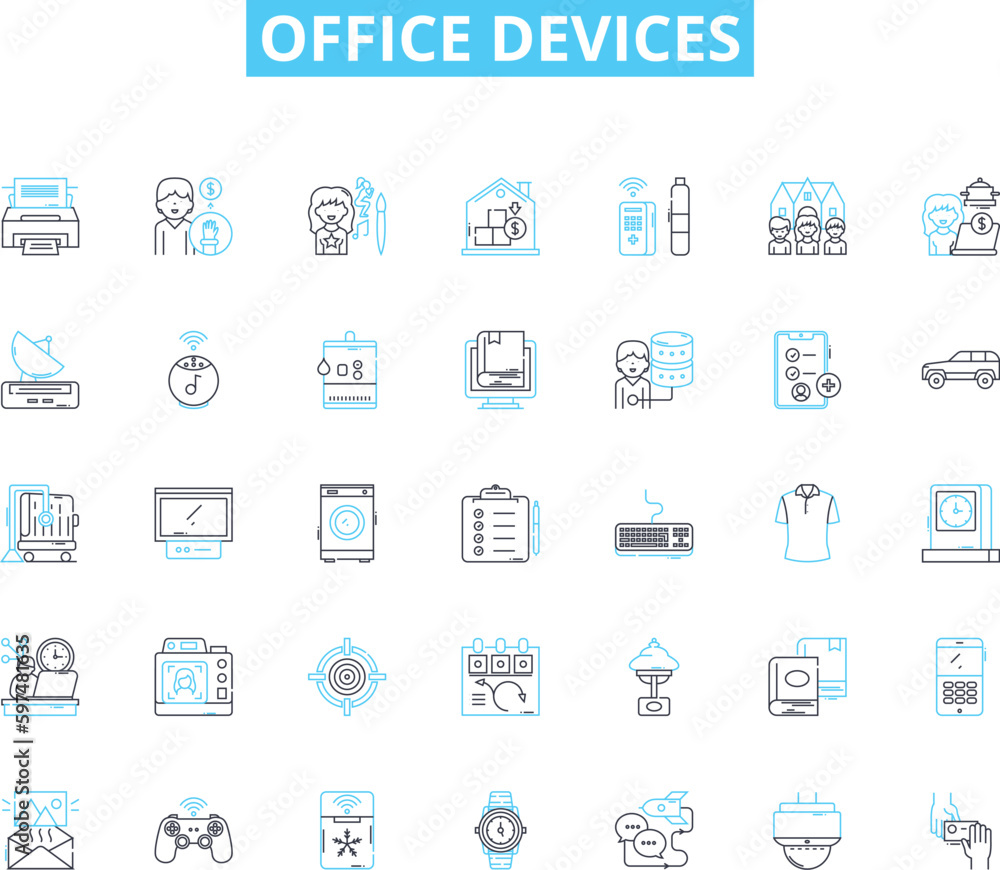 Office devices linear icons set. Printer, Scanner, Copier, Fax, Mouse, Keyboard, Monitor line vector and concept signs. Laptop,Computer,Printer cartridge outline illustrations Office devices linear icons set. Printer, Scanner, Copier, Fax, Mouse, Keyboard, Monitor line vector and concept signs. Laptop,Computer,Printer cartridge outline illustrations
