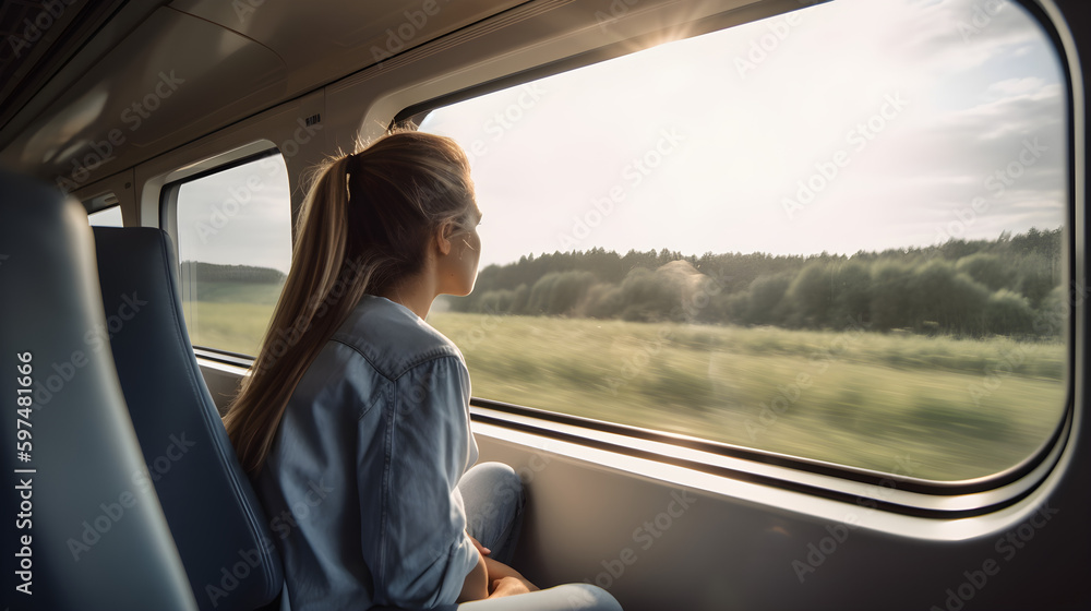 woman in modern train looking through the window woman in modern train looking through the window