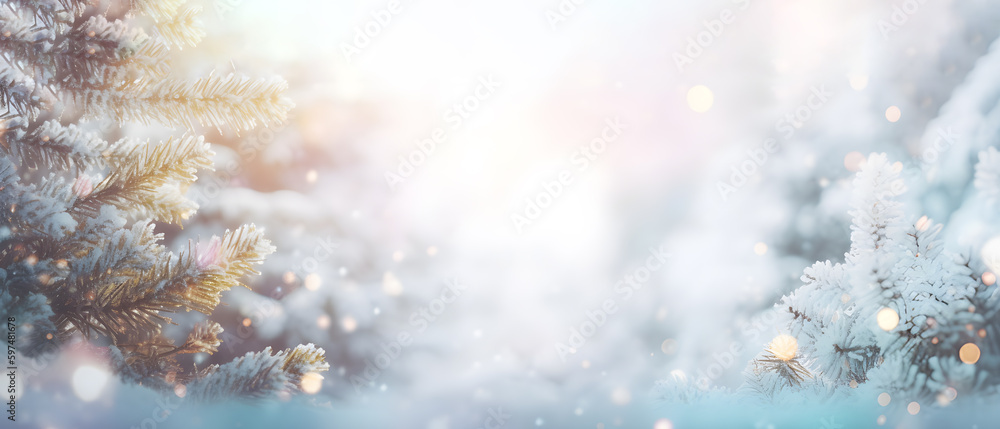 Festive Christmas Tree in Snowy Bokeh Background. created with Generative AI