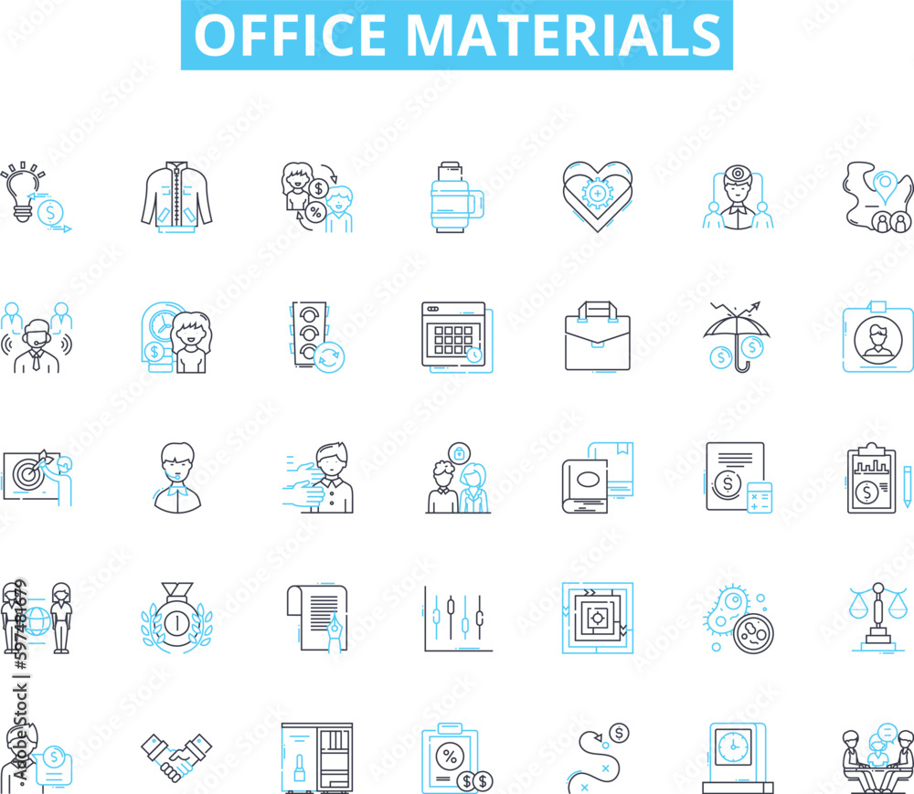 Office materials linear icons set. Desk, Chair, Pen, Paper, Stapler, Tape, Scissors line vector and concept signs. Highlighter,Marker,Calculator outline illustrations Office materials linear icons set. Desk, Chair, Pen, Paper, Stapler, Tape, Scissors line vector and concept signs. Highlighter,Marker,Calculator outline illustrations