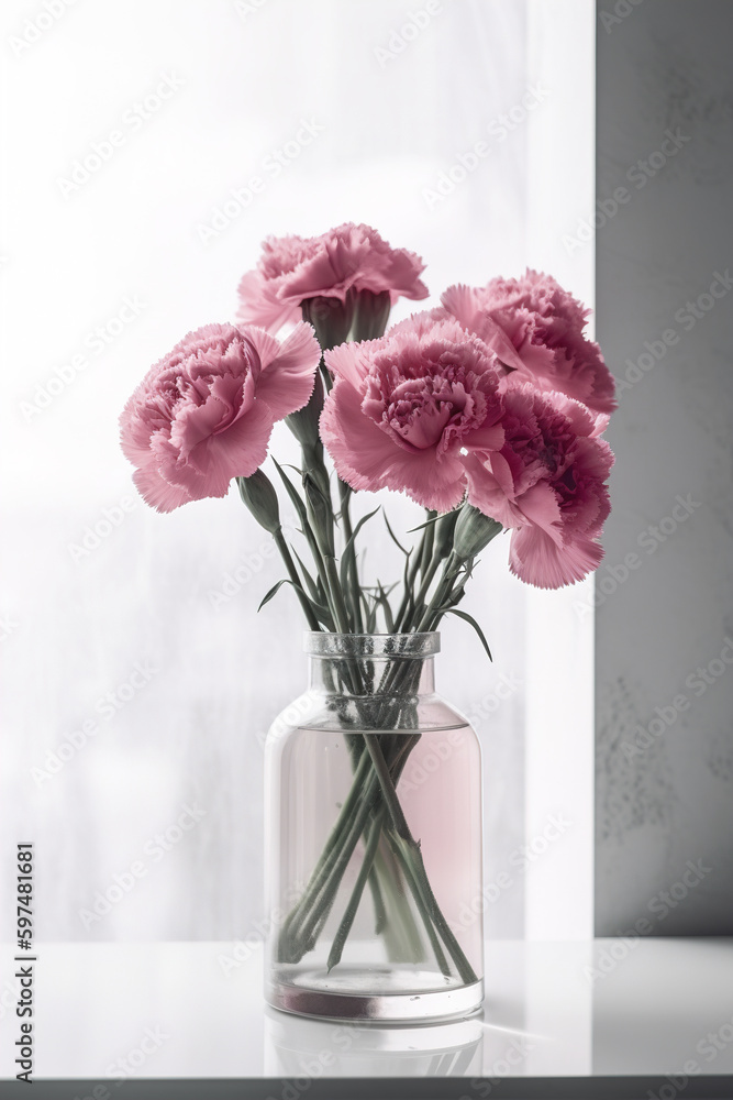 Pink carnation flowers in a vase on window, Generative AI Pink carnation flowers in a vase on window, Generative AI