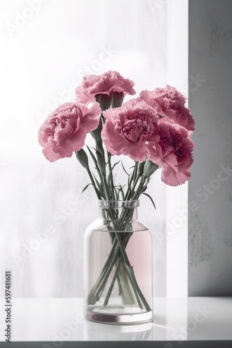Pink carnation flowers in a vase on window  Generative AI