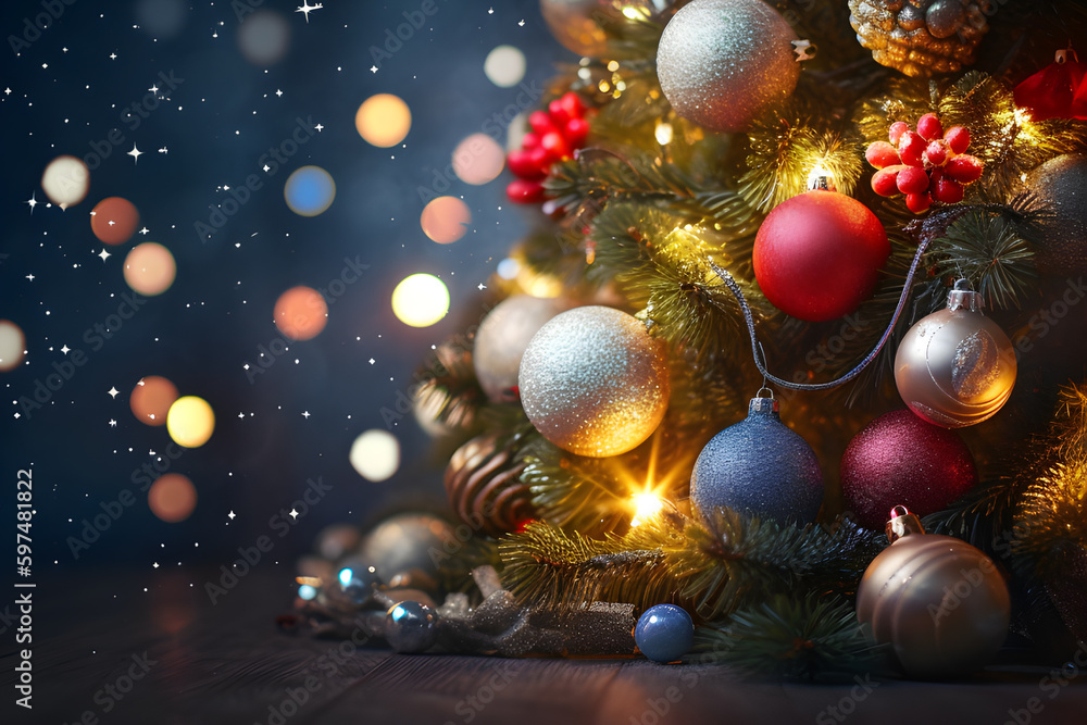 Blurred Shiny Lights and Baubles Adorning Christmas Tree with Bokeh Effect. created with Generative AI Blurred Shiny Lights and Baubles Adorning Christmas Tree with Bokeh Effect. created with Generative AI