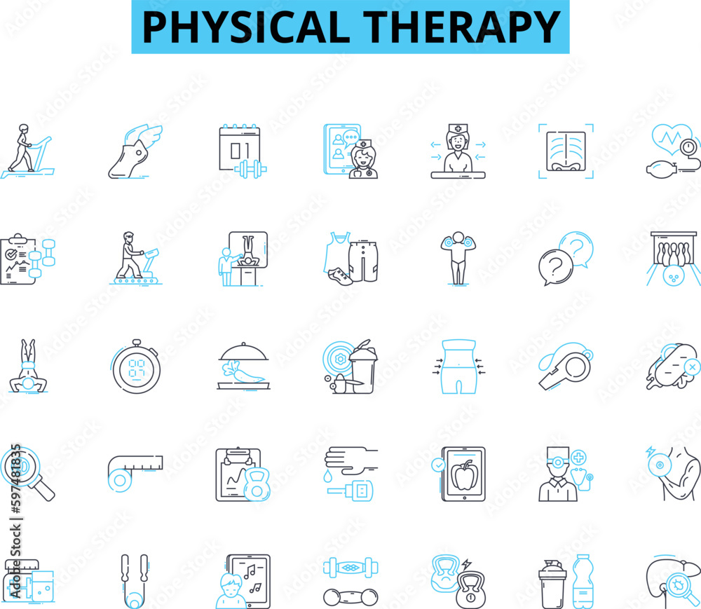 Physical therapy linear icons set. Rehabilitation, Exercises, Manual, Orthopedic, Strength, Flexibility, Mobility line vector and concept signs. Joint,Pain,Progress outline illustrations Physical therapy linear icons set. Rehabilitation, Exercises, Manual, Orthopedic, Strength, Flexibility, Mobility line vector and concept signs. Joint,Pain,Progress outline illustrations