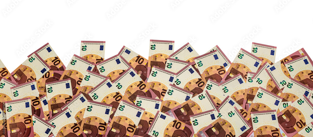a heap of 10 euro banknotes on a white background for banner, panorama or border a heap of 10 euro banknotes on a white background for banner, panorama or border