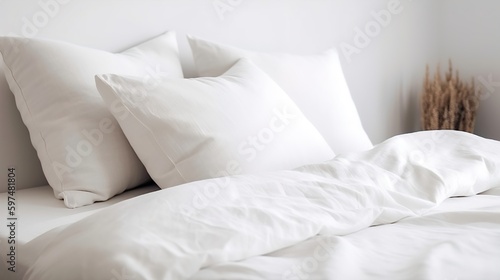 A modern, minimalist bedroom decoration design features a large blank pillow mockup with a white background, creating a simple and elegant atmosphere for the home, AI generated © EverydayStudioArt