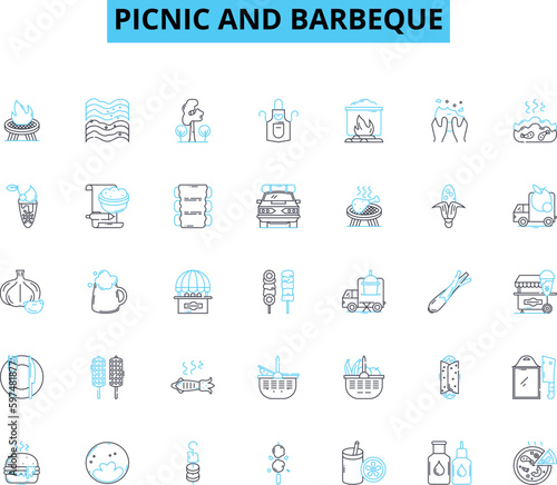 Picnic and barbeque linear icons set. Sizzling, Outdoorsy, Chill, Smoky, Grilled, Juicy, Scrumptious line vector and concept signs. Fresh,Mouthwatering,Delightful outline illustrations