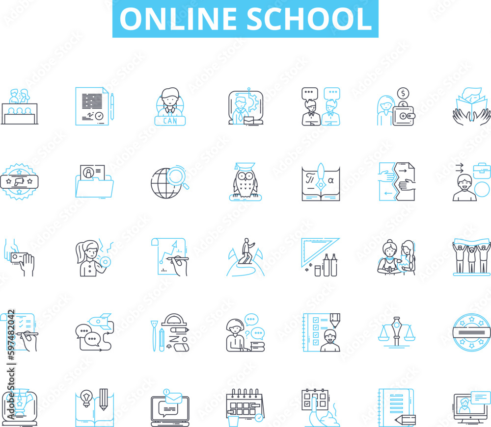 online school linear icons set. Distance, Web-based, Virtual, Remote, E-learning, Digital, Cyber line vector and concept signs. Internet,WLAN,Webinar outline illustrations online school linear icons set. Distance, Web-based, Virtual, Remote, E-learning, Digital, Cyber line vector and concept signs. Internet,WLAN,Webinar outline illustrations