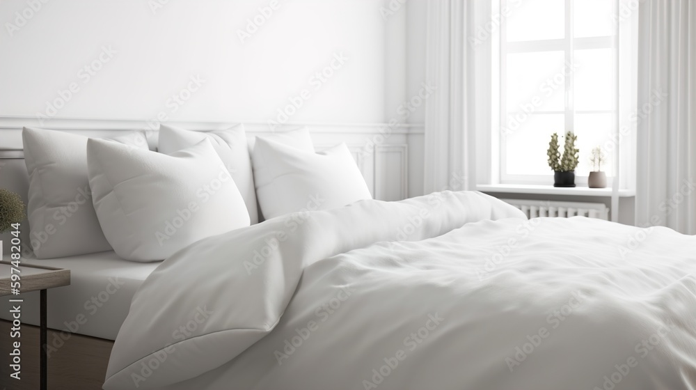 A modern, minimalist bedroom decoration design features a large blank pillow mockup with a white background, creating a simple and elegant atmosphere for the home, AI generated A modern, minimalist bedroom decoration design features a large blank pillow mockup with a white background, creating a simple and elegant atmosphere for the home, AI generated