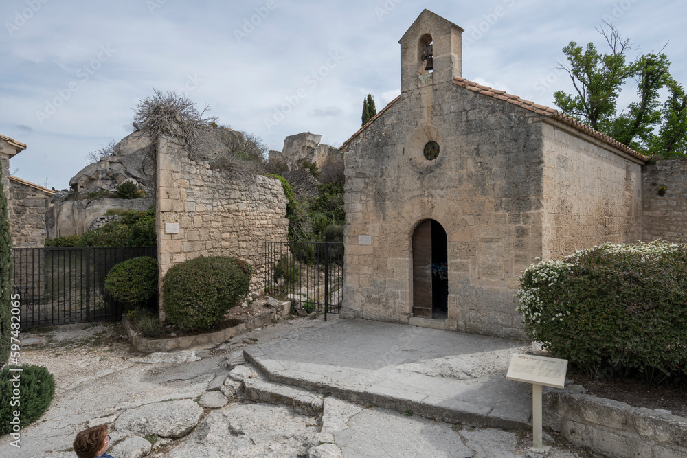 Baux-De-Provence, France - 04 21 2023: View of a typical Saint Blaise Chapel in a village in Provence.