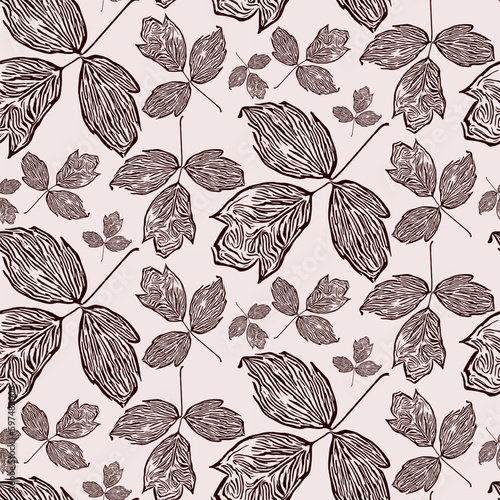 Botanical seamless pattern, hand drawn line art leaves. Vector illustration