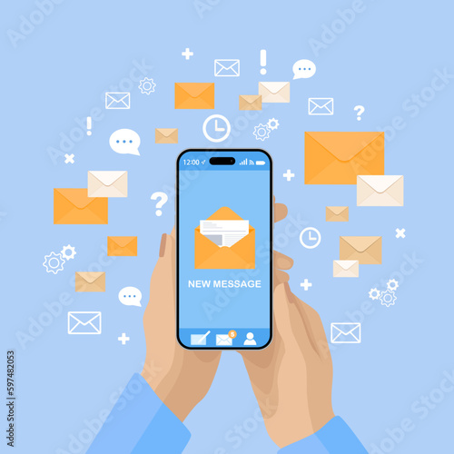 Hand holding smartphone with many message envelopes. Vector mobile app - email marketing and promotion.