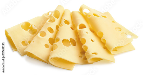 Maasdam cheese slices on white background