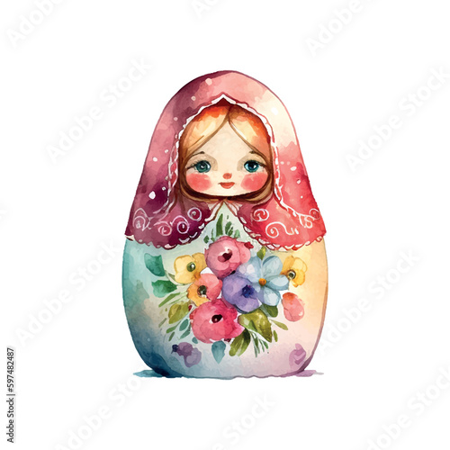 watercolor vector Russia matryoshka doll flowers Russian Day