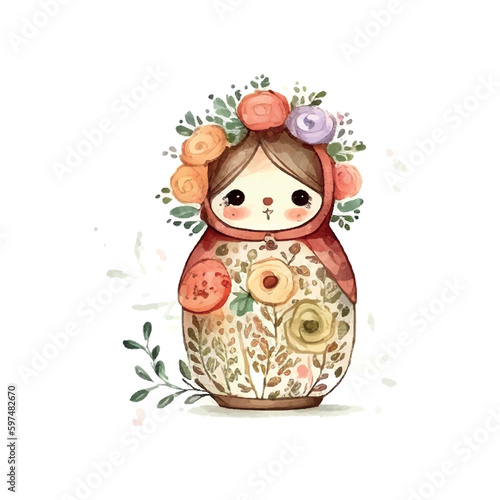 watercolor vector Russia matryoshka doll flowers Russian Day
