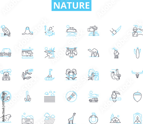 Nature linear icons set. Forest, Mountain, River, Ocean, Lake, Sky, Sunset line vector and concept signs. Sunrise,Clouds,Rainforest outline illustrations