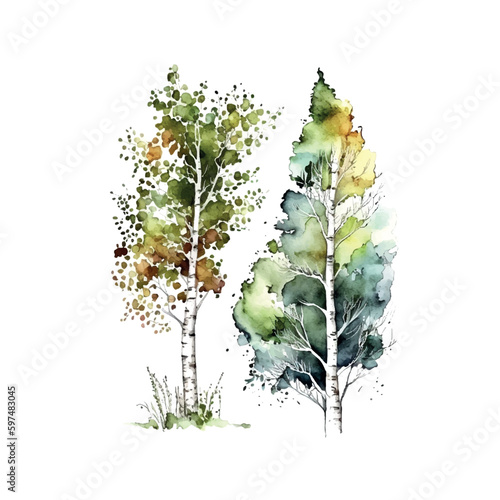 Watercolor birch trees Russia tree Design element for wallpapers, web site background Vector illustration.