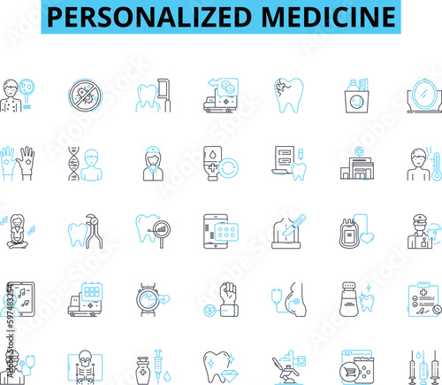 Personalized medicine linear icons set. Genomics, Pharmacogenomics, Biomarkers, Precision, Tailored, DNA, Individualized line vector and concept signs. Therapy,Prognostic,Predictive outline