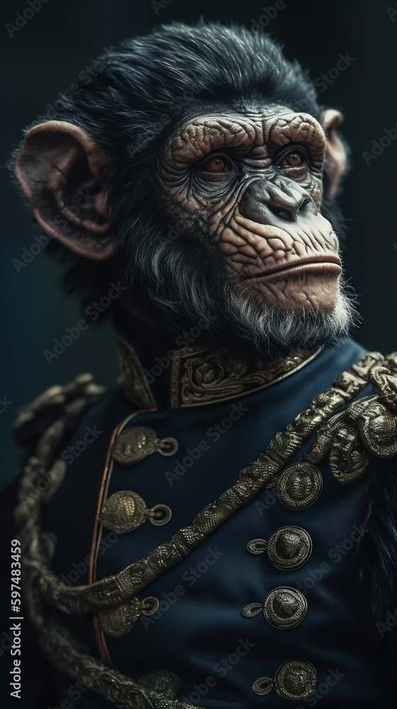 Obraz premium General of Army Chimp in Military Clothes with Orders. Generative ai
