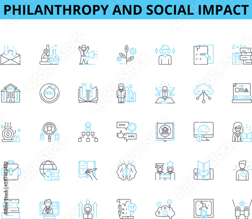 Philanthropy and social impact linear icons set. Charity, Giving, Donation, Volunteering, Impact, Community, Empowerment line vector and concept signs. Sustainability,Equality,Justice outline
