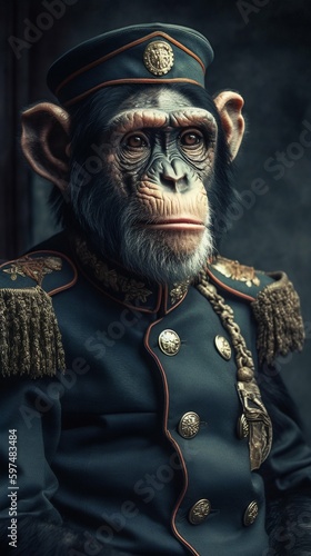 General of Army Chimp in Military Clothes with Orders. Generative ai