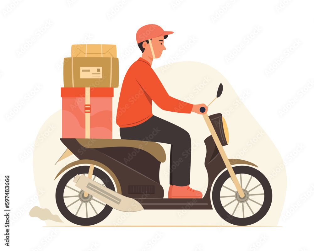 Delivery Man Riding Motorcycle with Parcel Boxes for Shipping Concept Illustration