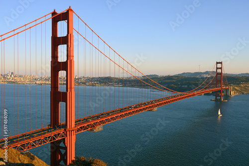 San Francisco and Golden Gate Bridge from Marin Headlands. California, United States. Picturesque Autumn evening
