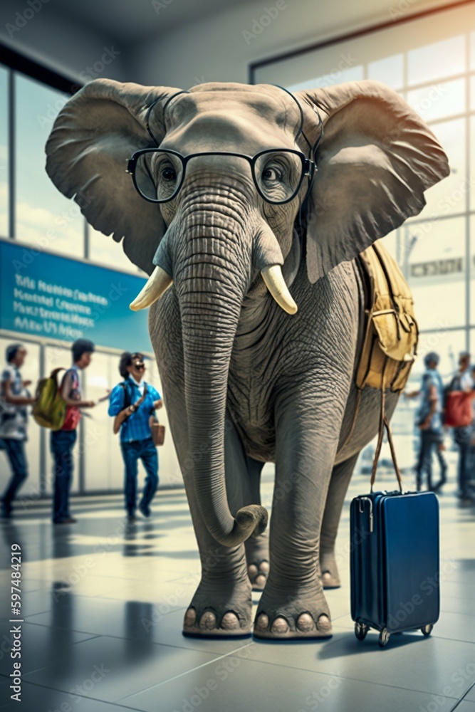 Fototapeta premium Elephant Returning from Holiday, Wearing Sunglasses with a Backpack and a Boarding Pass in the Airport. Generative ai