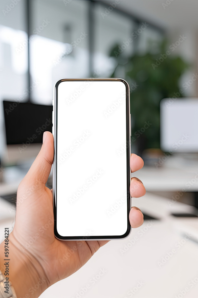 Mobile phone mockup with a blurred background - Office - Generative AI Mobile phone mockup with a blurred background - Office - Generative AI