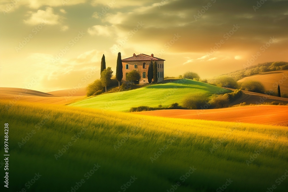 House Standing on a Green Field, Italian Landscapes. Generative ai
