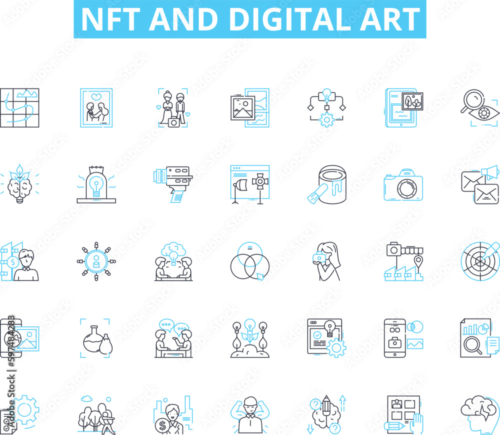 NFT and digital art linear icons set. Cryptocurrency, Blockchain, Tokenization, Digital, Arrk, Ownership, Authenticity line vector and concept signs. Rare,Collectible,Value outline illustrations