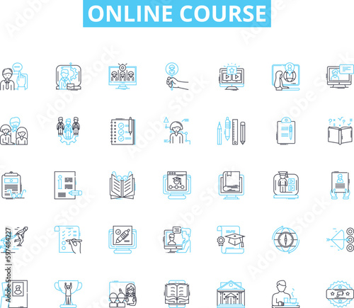 Online Course linear icons set. E-learning, Webinars, Certification, Video lessons, Courseware, Interactivity, Ongoing line vector and concept signs. Lectures,MOOC,Tools outline illustrations