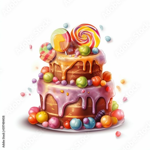 Candy Cake Illustration on White Background. Generative ai