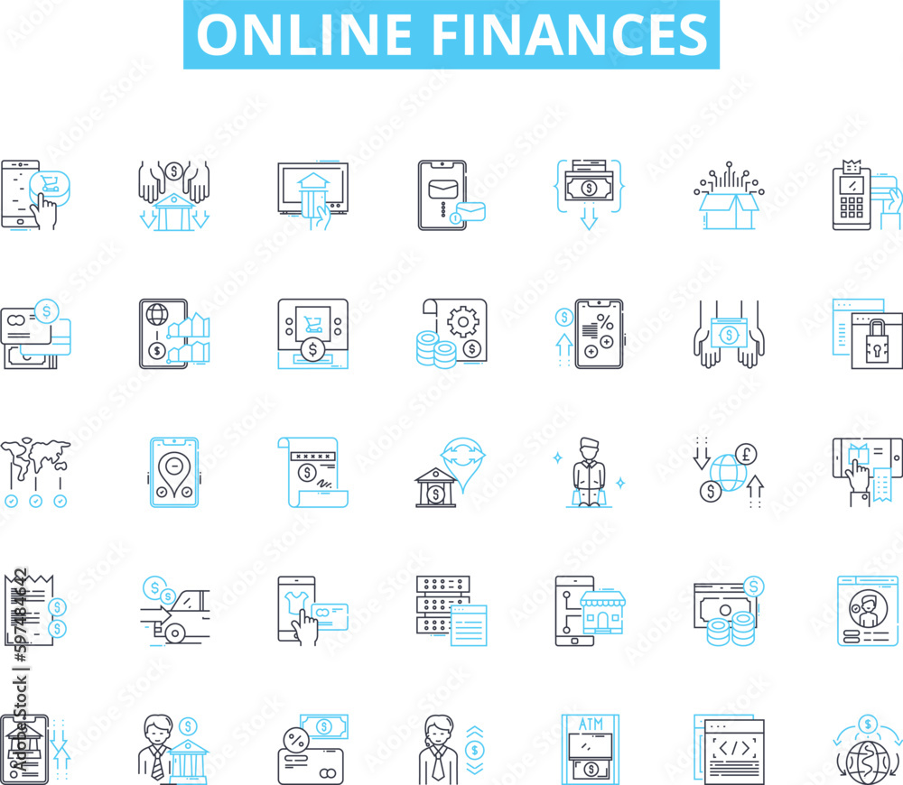 Online finances linear icons set. Budgeting, Savings, Investments, Credit, Debt, Stock, Cryptocurrency line vector and concept signs. Forex,Payment,Banking outline illustrations