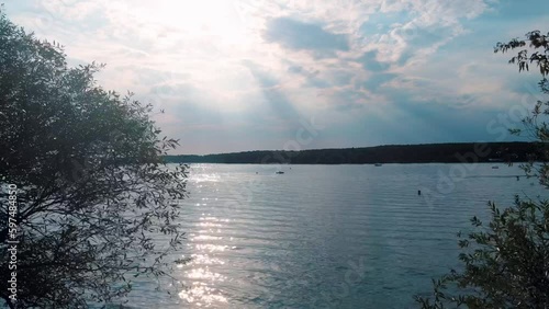 Aerial landscape of island in Havel river near Grunewald forest at sunset in summer in West Berlin