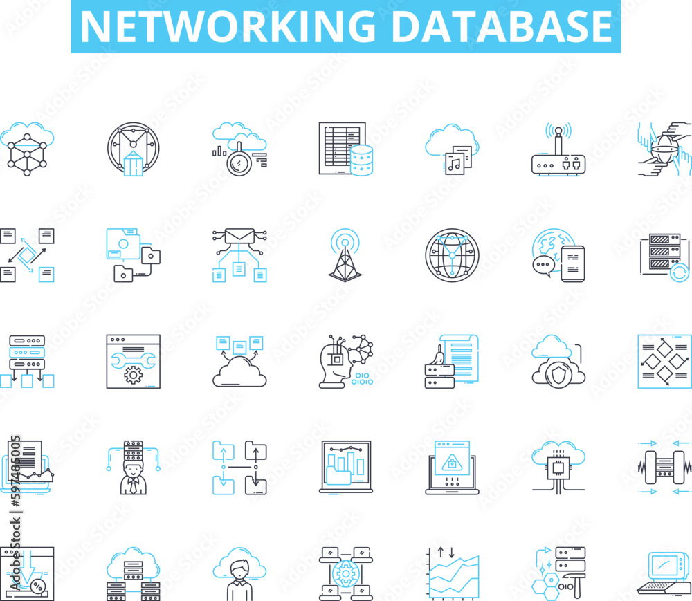 Networking database linear icons set. Connect, Collaboration, Relationships, Communication, Contacts, Sharing, Data line vector and concept signs. Integration,Synthesis,Exchange outline illustrations
