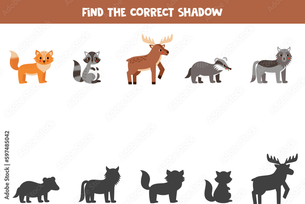 Find the correct shadows of cute forest animals. Logical puzzle for kids. Find the correct shadows of cute forest animals. Logical puzzle for kids.