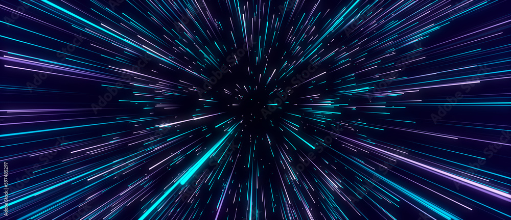 Obraz premium Abstract blue hyper jump. Digital hyperspace with flow of bright particles. Beams motion in galaxy. Big stars explosion. Space glowing tunnel moving at the speed of light. 3d rendering.